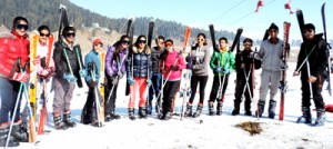 Skiers posing for group photograph during Ski Course at Gulmarg. 