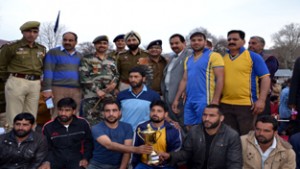Winners posing along with dignitaries during concluding function of Rural Sports Mela at Surankote in Poonch.