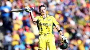 Steve Smith celebrating his century during World Cup semi-final match against India in Sydney on Thursday.