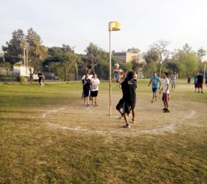 Players in action during an inaugural match of the 12th State Korfball Championship at Green Field ground Gandhi Nagar in Jammu 