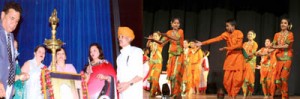 (L) Chief guest and other dignitaries lighting ceremonial lamp (R) Students presenting colourful cultural item while celebrating Annual Day.    