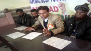 President, GBDYB, Ch Nazakat Khatana addressing a press conference at Jammu on Wednesday.
