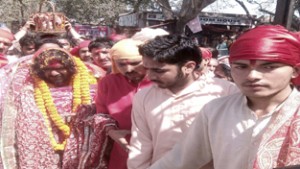 Swami Dinesh Bharti after completing his eight day yatra to Bawe Wali Mata Temple on Friday.
