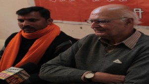 VHP patron, Dr Rama Kant Dubey talking to reporters at Jammu on Wednesday.  -Excelsior/Rakesh