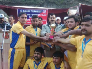 Winners of Kabaddi title posing along with the dignitaries in Ramban on Friday.