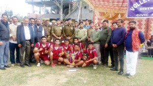 Winners of Volleyball tournament posing for a group photograph along with the chief guest and other dignitaries at HSS Domana on Friday.