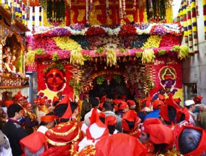 A view of holy cave of Shri Mata Vaishno Devi Ji at Trikuta Hills in Katra on first Navratra.