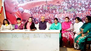 BJP Mahila Morcha national vice president Rashim Dhar Sood at party meeting at Jammu on Wednesday.