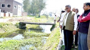 Minister for Irrigation & Flood Control Sukhnandan Kumar reviewing desilting work of Ranbir Canal on Friday.