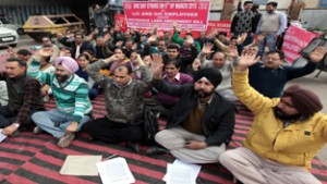 Insurance employees staging protest outside Press Club, Jammu on Monday.  -Excelsior/Rakesh