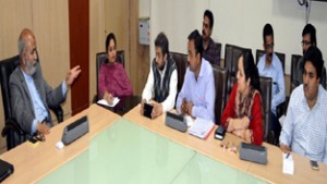 Minister for Education, Naeem Akhtar and Minister of State for Education and Information, Priya Sethi chairing a meeting at Jammu on Tuesday.