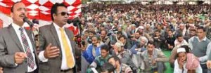 Minister of CA&PD Chowdhary Zulfkar Ali alongwith Minister for Rural Development Abdul Haq Khan addressing a gathering at Rajouri on Saturday.