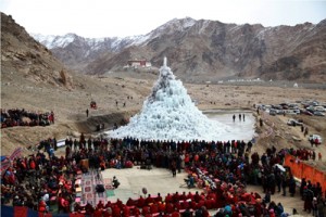 People gathered during special prayers organised to inaugurate Ice Stupa Artificial Glacier.