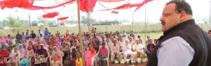 Provincial President NC, Devender Singh Rana addressing a public meeting at Nagrota on Saturday.