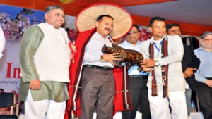 Union Minister Dr Jitendra Singh being felicitated in traditional Northeast customary style during "Meet the DoNER Minister" programme held at New Delhi.