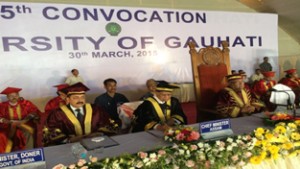 (L-R) Union DoNER Minister Dr Jitendra Singh, Assam chief minister Tarun Gagoi and Governor P.B.Acharya at the University convocation function at Guwahati on Monday.