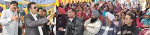 Minister for CA&PD, Zulfkar Ali addressing a public gathering at Prem Nagar on Friday.