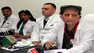 HoD, Pharmacology, GMCH Jammu Dr Zaheed Geelani addressing a press conference at Jammu on Wednesday. -Excelsior/Rakesh