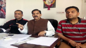 JKNPP chairman and former Minister, Harshdev Singh addressing media persons at Jammu on Friday.