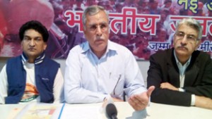 BJP leaders during a press conference at Jammu on Tuesday.