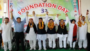 NPP leaders during foundation day celebration at Jammu on Monday. — Excelsior/Rakesh