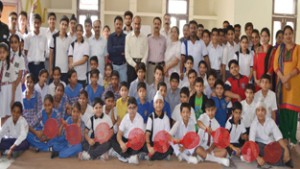 Winners of Speedball competition posing along with officers and officials of the Department of Youth Services and Sports at Gandhi Nagar in Jammu on Saturday.