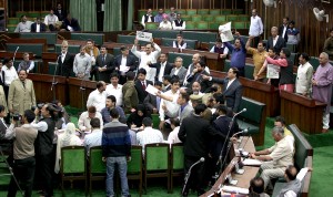 Opposition MLAs protesting in the Assembly seeking relief for flood victims on Monday.— Excelsior/Rakesh