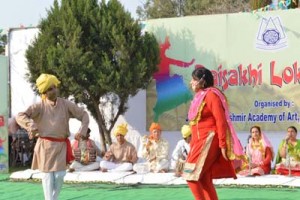 Artists performing at Baisakhi Mela in Jammu on Monday.