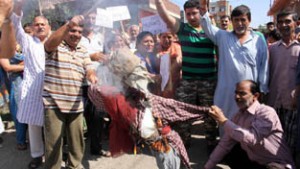Pandits protesting at Muthi on Sunday.      —Excelsior/Rakesh