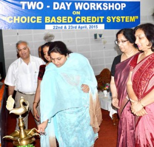 Minister for Education, Priya Sethi inaugurating two-day workshop on CBCS at Jammu on Wednesday.
