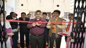 Dr Mandeep K Bhandari, CEO, Shri Mata Vaishno Devi Shrine Board, Katra inaugurating the newly renovated premises of Canara Bank on Friday.