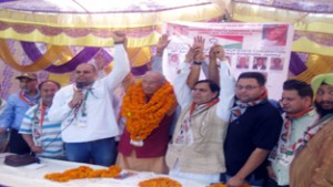 Former Minister and veteran NCP leader, Thakur Randhir Singh along with other leaders on his re-election as State president of NCP.