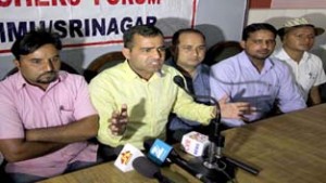 ReT teachers addressing a press conference at Jammu on Monday. -Excelsior/ Rakesh