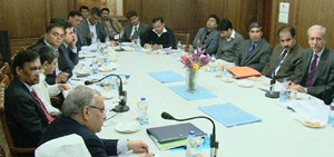 Union Home Secretary LC Goyal presiding over flood review meeting in Srinagar on Saturday.