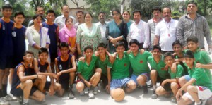 Winners posing along with dignitaries and officials during concluding function of Basketball Tournament at Samba.