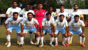 Kashmir FC players posing for a group photograph after beating Chanmari FC at Siliguri in West Bengal.