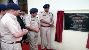 IGP Jammu, Danish Rana and other dignitaries inaugurating Gym and Library in Samba on Tuesday.