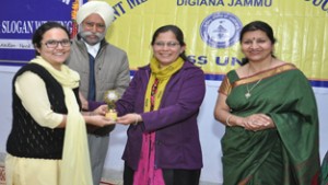 Dignitaries being honoured during symposium at Sant Mela Singh College of Education, Digiana in Jammu.
