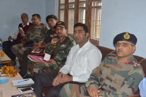 Deputy Commissioner Dr Shahid Iqbal Choudhary and Brigadier R R Kumar and others at Civil-Military-Public meet at Kathua on Tuesday.