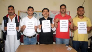 State president, NPP, Balwant Singh Mankotia and other party leaders during the launch of party’s Hot Line Number at Jammu on Wednesday.