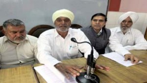 President BRGA Choudhary Dev Raj alongwith others addressing a press conference at Jammu on Monday.  -Excelsior/Rakesh