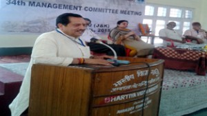 RSS senior leader Indresh Kumar addressing meeting of ABPSSP at Jammu on Saturday.