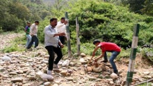 Officials removing encroachment from forest land at Basantpur on Tuesday.