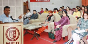 Resource person delivering a lecture during research colloquium organized at MIER in Jammu on Monday.