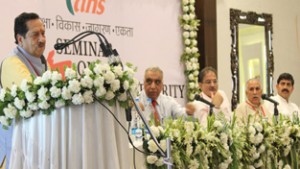 RSS senior leader Indresh Kumar addressing a seminar at Jammu on Sunday. -Excelsior/Rakesh