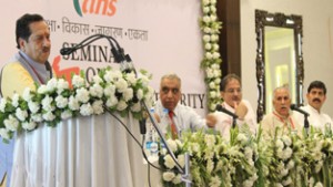 RSS senior leader Indresh Kumar addressing a seminar at Jammu on Sunday. -Excelsior/Rakesh