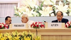 Prime Minister Narendra Modi presiding over “Civil Services Day” function at Vigyan Bhawan, New Delhi on Tuesday. Also seen in the picture is Union Minister for Personnel & Training (DoPT) Dr Jitendra Singh.