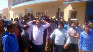 Members of Tipper Union Katra and locals protesting against Toll Plaza authorities at Ban on Sunday.