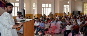 Minister for Health, Ch Lal Singh speaking during a convention at Udhampur on Sunday.