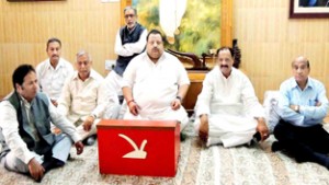 NC leaders during a meeting in Sher-e-Kashmir Bhavan in Jammu on Monday.